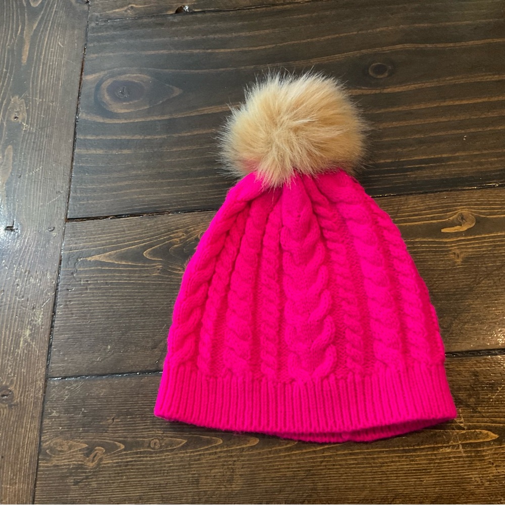 J. Crew Pink Knit Hat with Faux Fur Pom